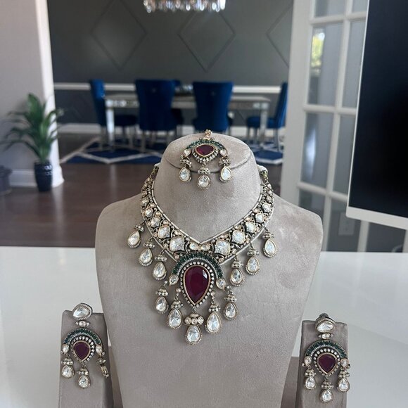 Victorian Polki Kundan Choker Necklace Set | Ruby Emerald Wedding Jewelry - Picture 13 of 15